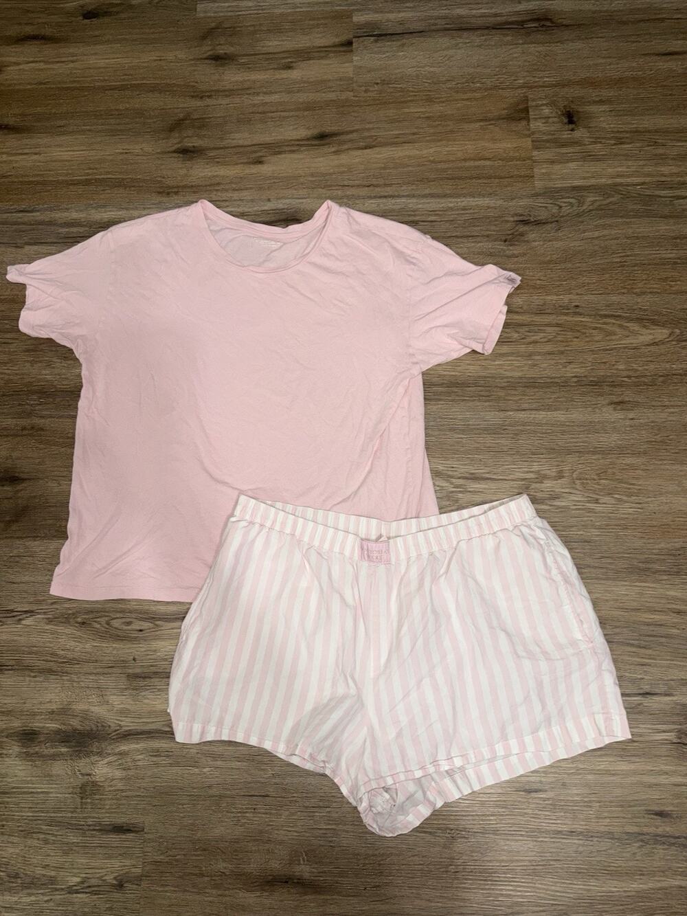 Victoria's Secret Pajama Set Pink Striped Shorts Top L Bottom XL PJ Sleepwear